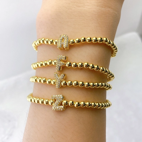 Brass Alphabet Bubble Bead Elastic Bracelet With Pave Rhinestone Initial Pendant Gold Plated Jewelry For Men Women