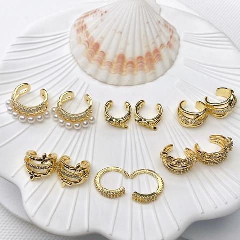 French Minimalist U-Shaped Non Pierced Ear Cuffs For Women Copper Gold Electroplated Rhinestone Artificial Pearl Ear Clips Fashion Jewelry