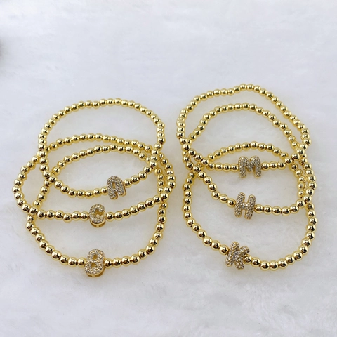 Brass Alphabet Bubble Bead Elastic Bracelet With Pave Rhinestone Initial Pendant Gold Plated Jewelry For Men Women