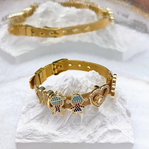 Stainless Steel Mesh Watch Band Bracelet DIY Zirconia Charms Heart Evil Eye Figures Figures Boy Girl Gold Silver Bracelet Fashion Jewelry