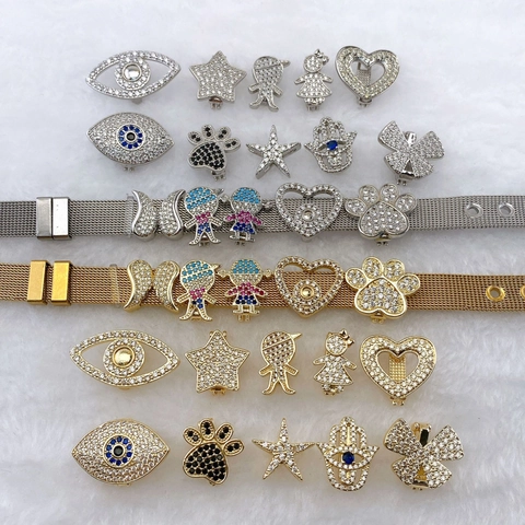 Stainless Steel Mesh Watch Band Bracelet DIY Zirconia Charms Heart Evil Eye Figures Figures Boy Girl Gold Silver Bracelet Fashion Jewelry