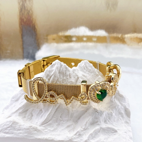 Stainless Steel Mesh Strap DIY Bracelet Charms For Women Copper Rhinestone Heart Cross Evil Eye Religious Pendant Fashion Jewelry Accessories