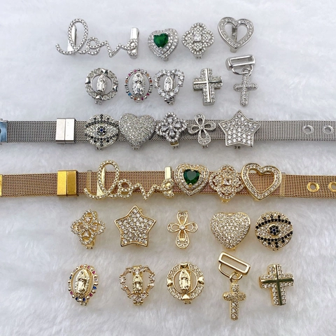 Stainless Steel Mesh Strap DIY Bracelet Charms For Women Copper Rhinestone Heart Cross Evil Eye Religious Pendant Fashion Jewelry Accessories