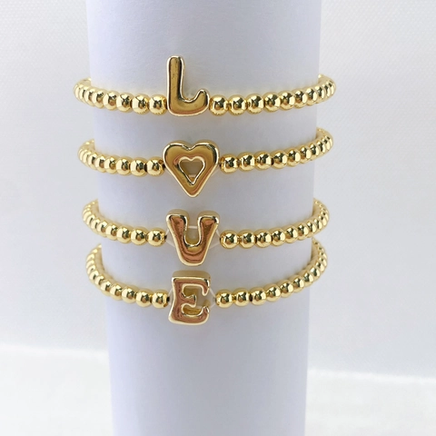 18K Gold Plated Smooth Balloon Initial Letter Bracelet For Women Copper Bead Elastic Beaded Bracelet Heart Star Personalized Jewelry