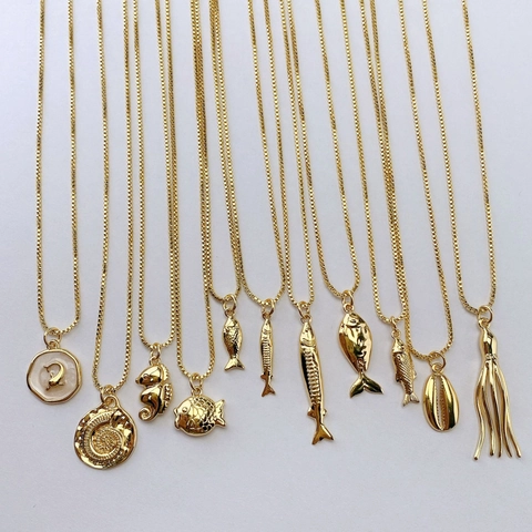 Ocean Theme Marine Life Pendant Necklace Copper Gold Plated Seahorse Fish Octopus Shell Anchor Sailboat Zirconia Jewelry Women
