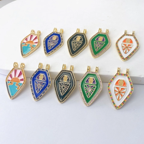 Bohemian Copper Hamsa Hand Tarot Card Pendant For DIY Necklace Gold Plated Enamel Zirconia Shield Jewelry Making Charms