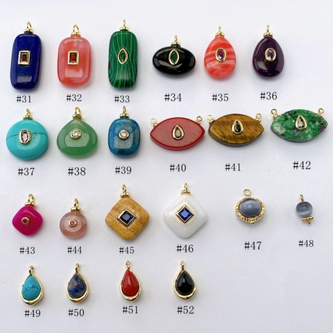 Natural Stone Pendant Necklace Colorful Rhinestone Inlaid Alloy Gold Plated Lapis Lazuli Tiger Eye Malachite Agate Jewelry For Women
