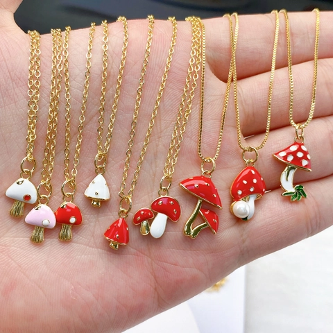 Süße Pilz Kupfer Anhänger Halskette Für Damen Rot Weiß Emaille Pilz Punkt Schmuck Zierliche Wald Stil Halskette
