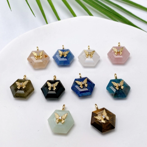 Hexagonal Natural Stone Butterfly Pendant For Women Inlaid Zirconia Quartz Crystal Obsidian Malachite Healing Crystal Gift