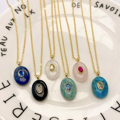 Collier Pendentif Ovale en Pierre Naturelle Avec Zirconia Incrusté Or Électroplaqué Charme Géométrique Bijoux pour Femmes