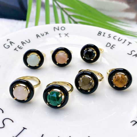 European Natural Stone Round Open Ring For Women Malachite Rose Quartz Tiger Eye Geometric Adjustable Gold Plated Finger Jewelry
