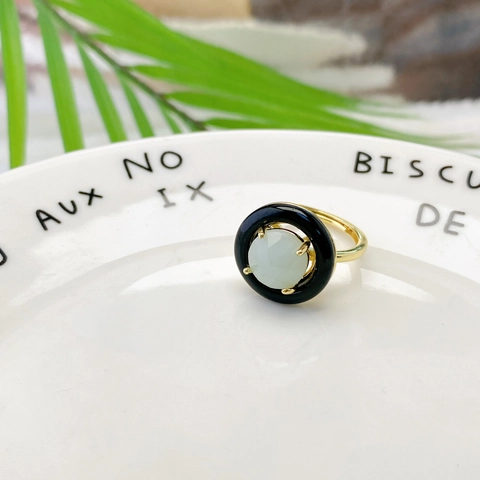 European Natural Stone Round Open Ring For Women Malachite Rose Quartz Tiger Eye Geometric Adjustable Gold Plated Finger Jewelry