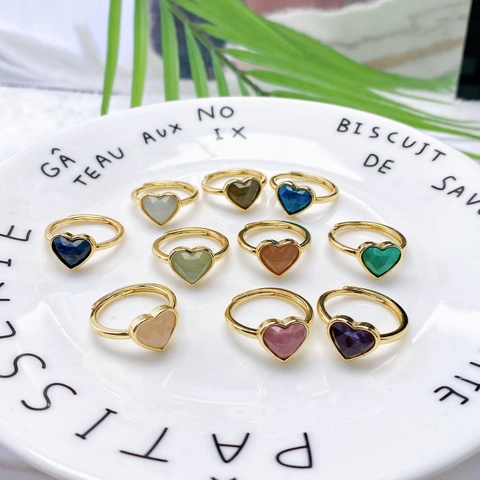 Bague de Luxe en Cuivre en Forme de Cœur pour Femme Pierre Naturelle Strass Bague Ouverte Réglable Bijoux de Mode Électroplaqués