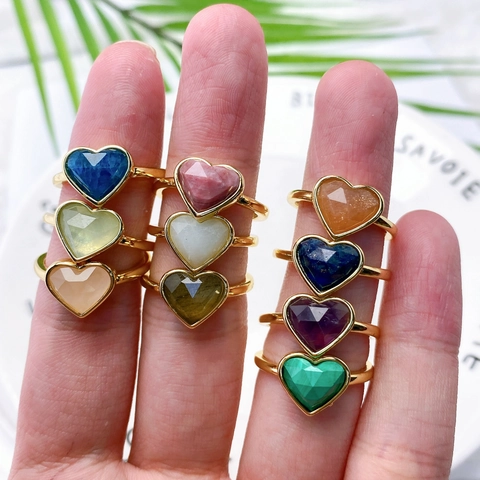 Bague de Luxe en Cuivre en Forme de Cœur pour Femme Pierre Naturelle Strass Bague Ouverte Réglable Bijoux de Mode Électroplaqués