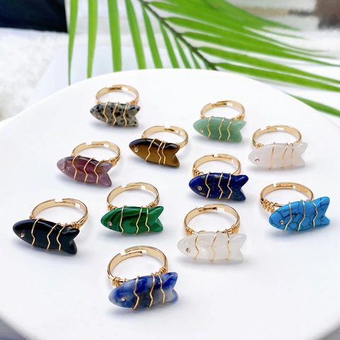 Natural Stone Wire Wrapped Fish Ring For Women Handmade Adjustable Gold Plated Animal Shape Statement Ring Fashion Jewelry Gift