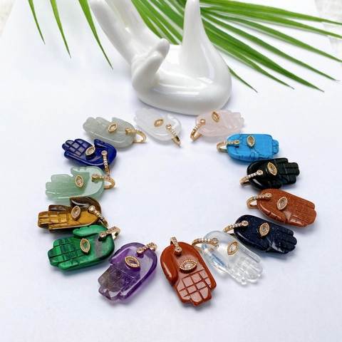Hamsa Hand Böser Blick Naturstein Anhänger Halskette Für Damen Vergoldet Exotischer Glücksschmuck Zirkonia Eingelegt Palme Anhänger