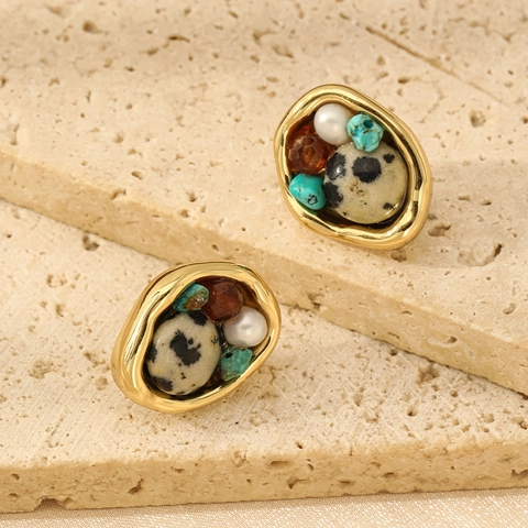Pendientes de Botón de Cobre Irregulares Vintage Con Poste de Plata de Ley 925 Piedra de Ojo de Tigre Natural Perla de Agua Dulce Mujer