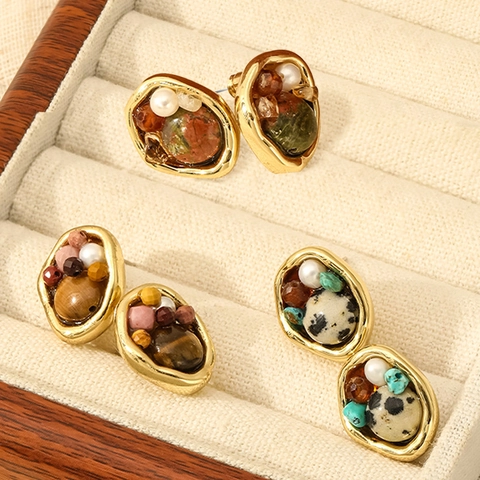 Pendientes de Botón de Cobre Irregulares Vintage Con Poste de Plata de Ley 925 Piedra de Ojo de Tigre Natural Perla de Agua Dulce Mujer