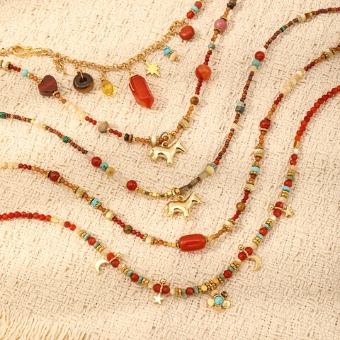 Ethnic Red Natural Stone Beaded Necklace For Women 18K Gold Plated Horse Charm Star Moon Pendant Bohemian Jewelry New Year Gift
