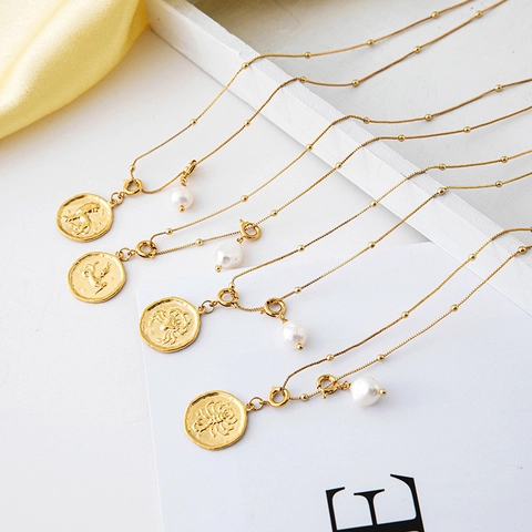 Collar Vintage de Latón Chapado en Oro 18K Con Colgante de Moneda Doce Constelaciones y Perla de Agua Dulce Joyería Mujer