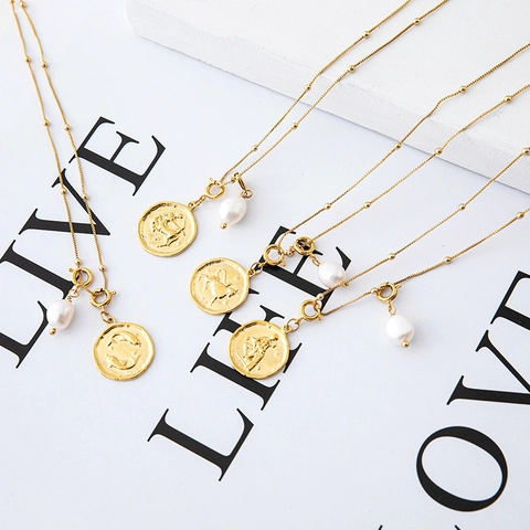 Collar Vintage de Latón Chapado en Oro 18K Con Colgante de Moneda Doce Constelaciones y Perla de Agua Dulce Joyería Mujer