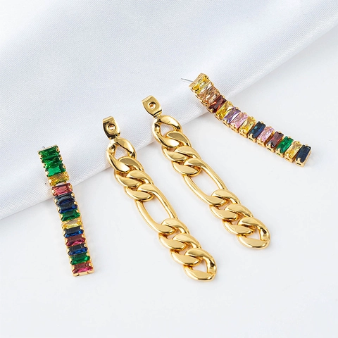 Pendientes de Diseño de Nicho con Strass Baguette Multicolor y Cadena de Borla de Metal para Mujer Colgantes Delanteros y Traseros