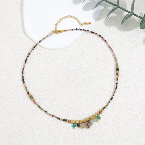 Collar de Borlas Coloridas con Cuentas Hechas a Mano para Mujer Piedra Natural Acero Inoxidable Bohemio Cadena de Clavícula Ajustable Joyería