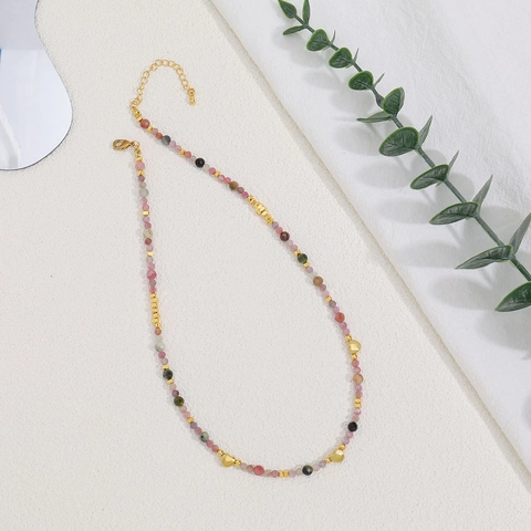 Natural Multicolor Tourmaline Beaded Necklace Bracelet For Women Handmade Stainless Steel Heart Cross Pendant Jewelry