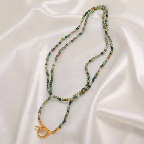 Vintage Doppelschicht Naturstein Perlenkette Mit Gold Vergoldetem Kupfer Knebelverschluss Moosachat Lagenlook Choker Damen