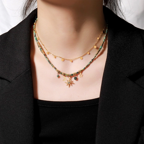 Collar Cuentas Piedra Natural Vintage Mujer Acero Inoxidable Colgante Estrella Luna Cadena de Clavícula Joyería