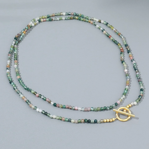 Handmade Copper Indian Agate Beaded Long Necklace Multicolor Natural Stone Sweater Chain With Toggle Clasp Jewelry For Women