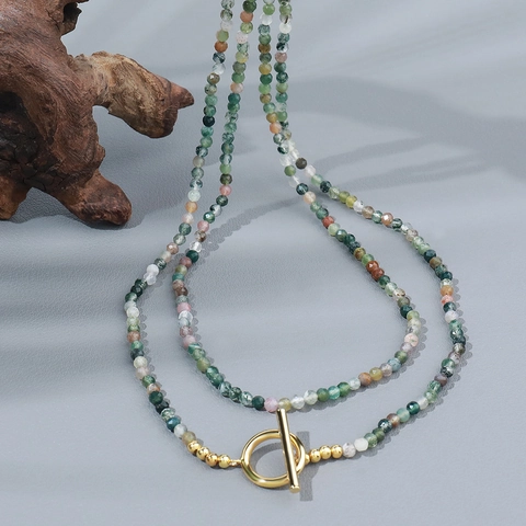 Handmade Copper Indian Agate Beaded Long Necklace Multicolor Natural Stone Sweater Chain With Toggle Clasp Jewelry For Women