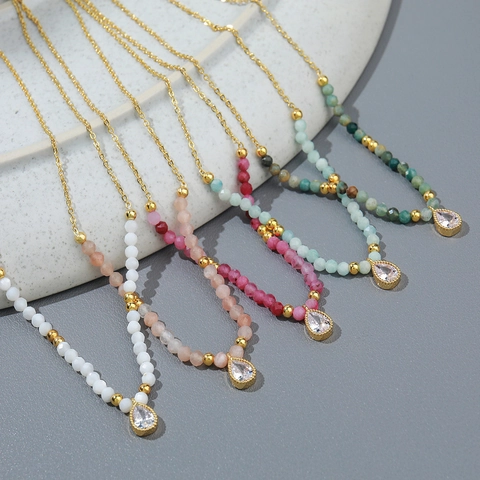 Collar de Cuentas de Cobre Hecho a Mano para Mujer Piedra Natural Colorida Colgante de Strass Gota de Agua Joyas Boho Bañadas en Oro