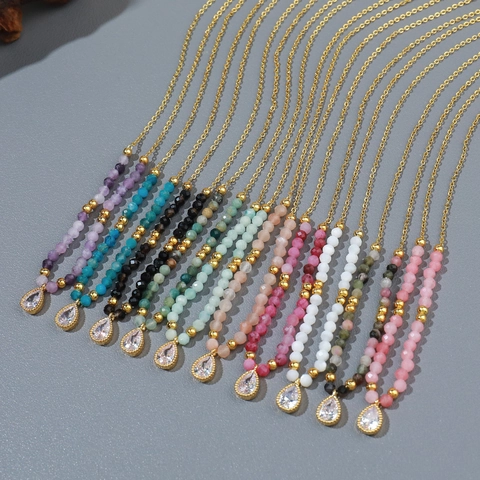 Collar de Cuentas de Cobre Hecho a Mano para Mujer Piedra Natural Colorida Colgante de Strass Gota de Agua Joyas Boho Bañadas en Oro