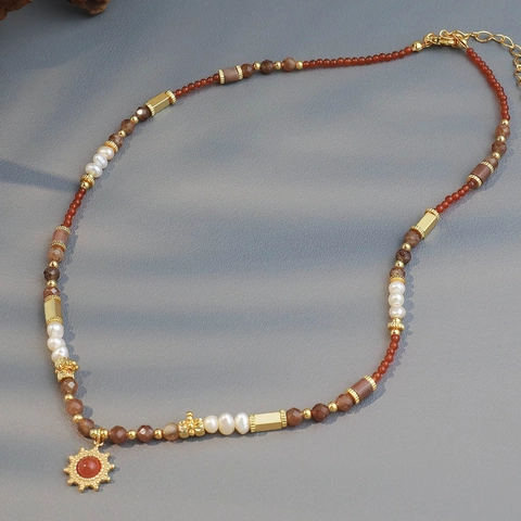 Bohemian Natural Freshwater Pearl Stone Sun Pendant Necklace Copper Real Gold Plated Ethnic Choker Women Jewelry Gift