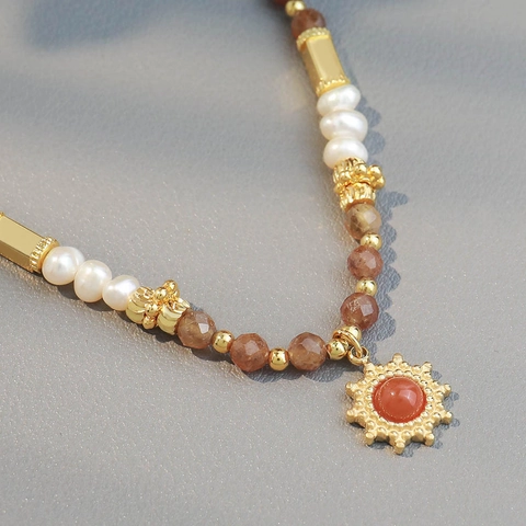 Bohemian Natural Freshwater Pearl Stone Sun Pendant Necklace Copper Real Gold Plated Ethnic Choker Women Jewelry Gift