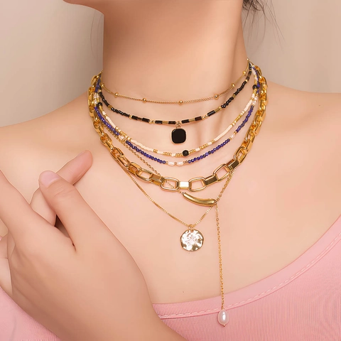 Collar Multicapa de Acero Inoxidable Bañado en Oro 18K Piedra Natural Perla de Agua Dulce Mujer Joyas Bohemias