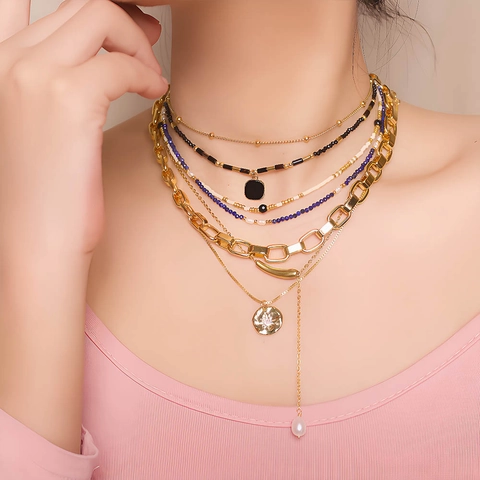 Collar Multicapa de Acero Inoxidable Bañado en Oro 18K Piedra Natural Perla de Agua Dulce Mujer Joyas Bohemias