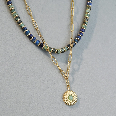 Bohemian African Turquoise Stainless Steel Sun Pendant Necklace Ethnic Handmade Lapis Lazuli Beaded Layered Necklace For Women