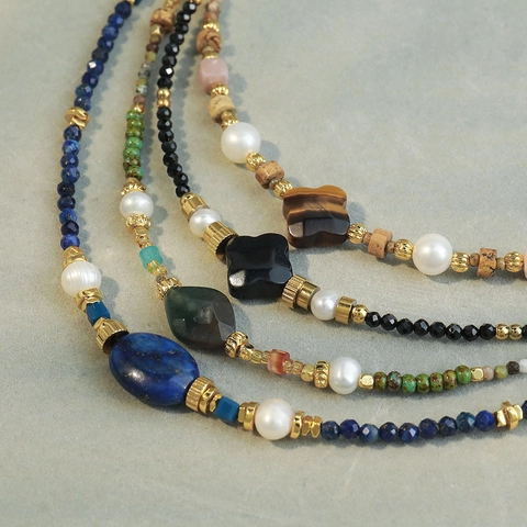 Collar de Cuentas Hecho a Mano Bohemio para Mujer Cobre Perla de Agua Dulce Ojo de Tigre Lapislázuli Piedra Cadena de Clavícula Joyería Regalo