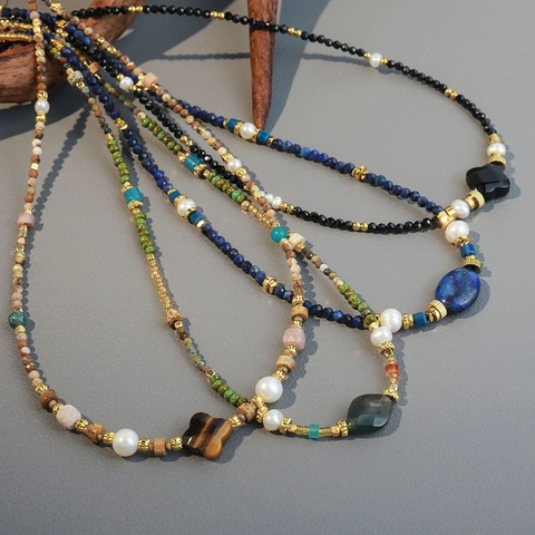 Collar de Cuentas Hecho a Mano Bohemio para Mujer Cobre Perla de Agua Dulce Ojo de Tigre Lapislázuli Piedra Cadena de Clavícula Joyería Regalo
