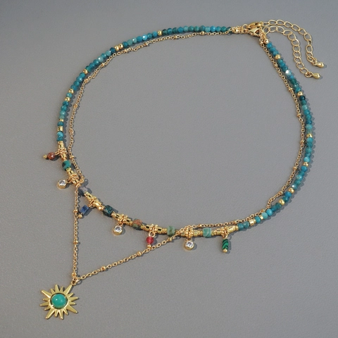 Bohemian Sonne Anhänger Naturstein Perlen Halskette Für Damen Vergoldet Messing Kette Geschichtet Amazonit Apatit Schmuck