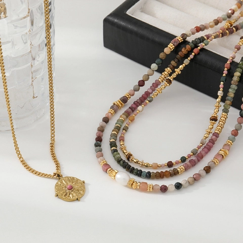 Collar de Cuentas de Piedra Natural Turmalina Hecho a Mano Con Perla de Agua Dulce Joyería Colgante Vintage Mujer