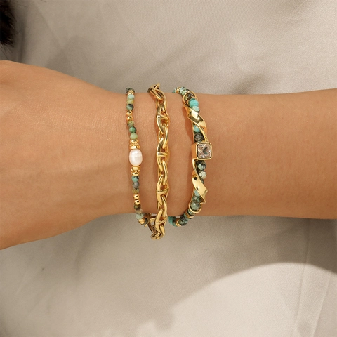 Handmade Retro African Turquoise Freshwater Pearl Bracelet For Women Gold Plated Bead Chain Jewelry With Zirconia