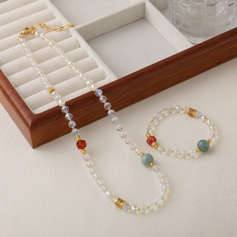 New Chinese Style White Crystal Red Agate Beaded Necklace Bracelet Set For Women Vintage Gold Plated Copper Luck Jewelry