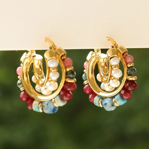 Vintage Gold C-Shaped Hoop Earrings With Natural Stone Beads And Freshwater Pearl For Women 925 Sterling Silver Post