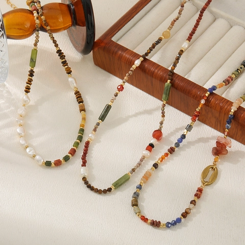 Vintage Bohemian Natural Stone Beaded Necklace For Women Freshwater Pearl Tiger Eye Real Gold Plated Copper Choker Jewelry
