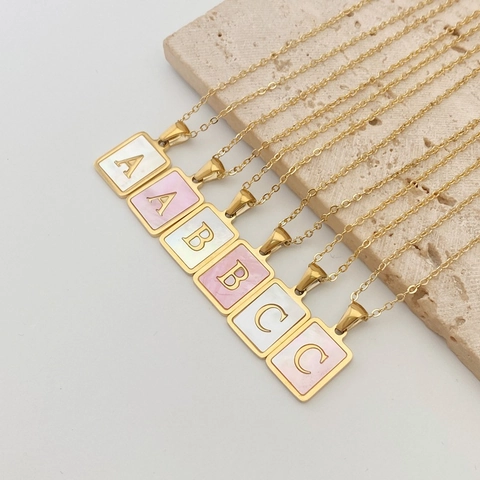 18K Gold Plated Stainless Steel Square Shell Initial Necklace For Women Elegant Mother Of Artificial Pearl Letter Pendant Clavicle Chain Jewelry