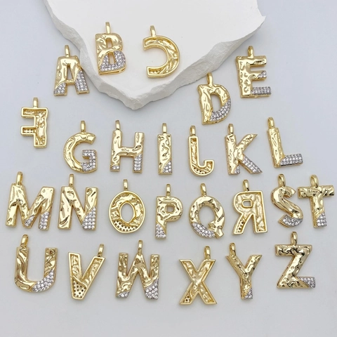 Women Fashion Copper Gold Plated Hammered Texture Alphabet Pendant Necklace Inlaid Zirconia Letter A-Z Choker Clavicle Chain Jewelry Gift