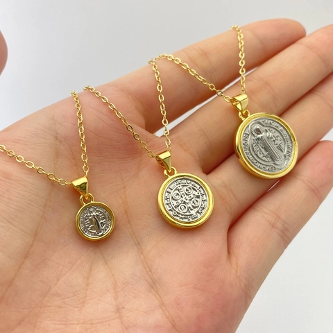 Vintage St Benedict Medal Pendant Necklace For Women Copper Two Tone Saint Benedict Coin Portrait Religious Jewelry Gift